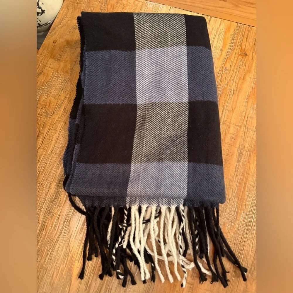Plaid Fringe Scarf in Black Blue plaid tartan fisherman winter